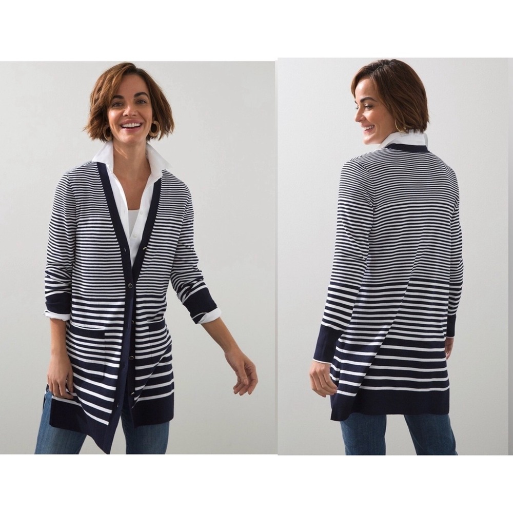 Chico's Women's Sz 1 (M) Longline Navy White Fade Button Front Cardigan Nautical